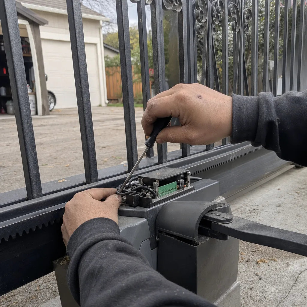 Technician performing electric gate motor repair and maintenance