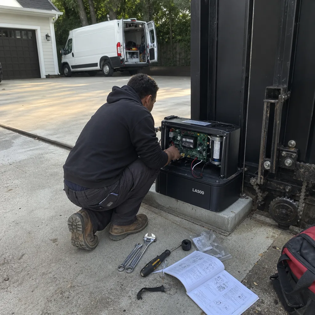 Technician performing professional electric gate repair and maintenance on a motor unit