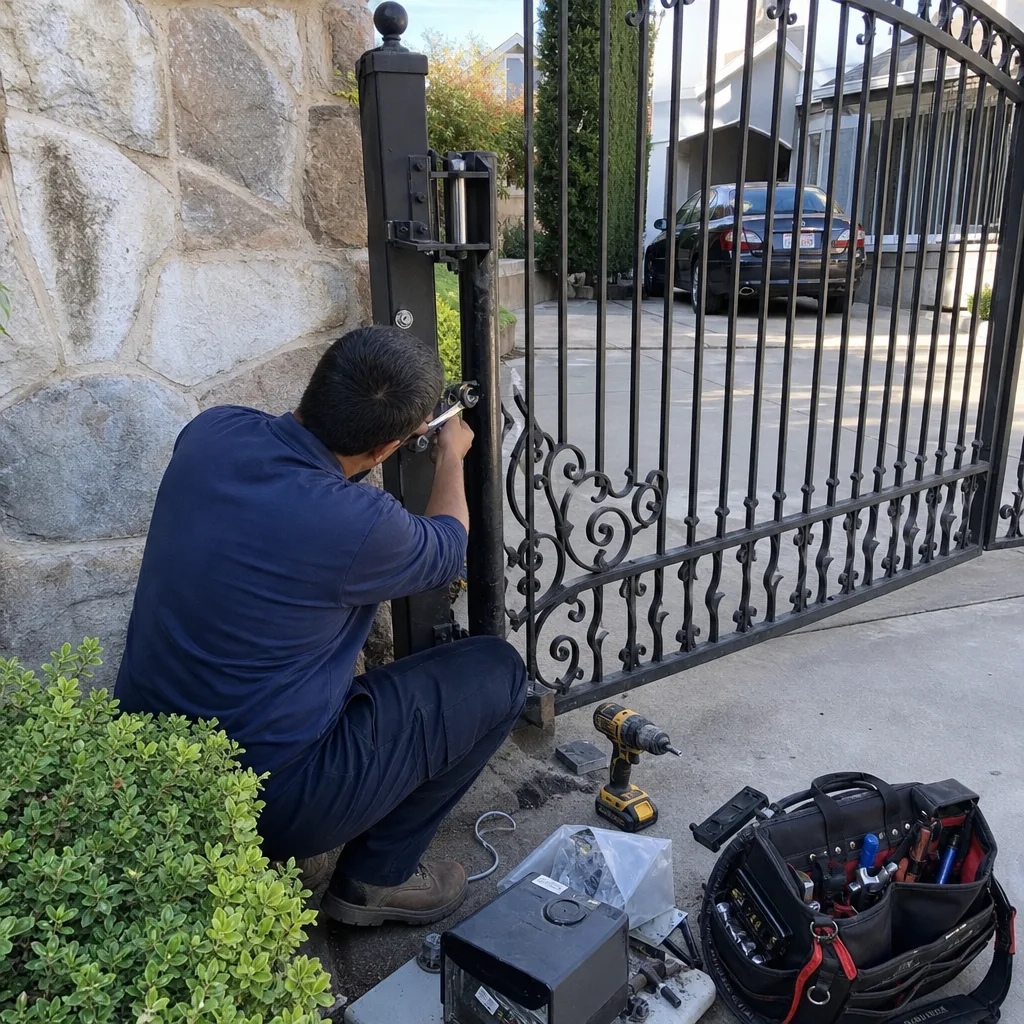 Technician performing professional gate opener repair on a metal gate