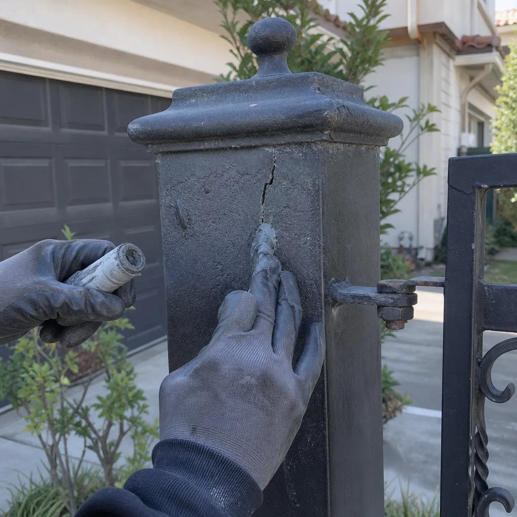 professional repairing a cracked metal gate post with epoxy putty
