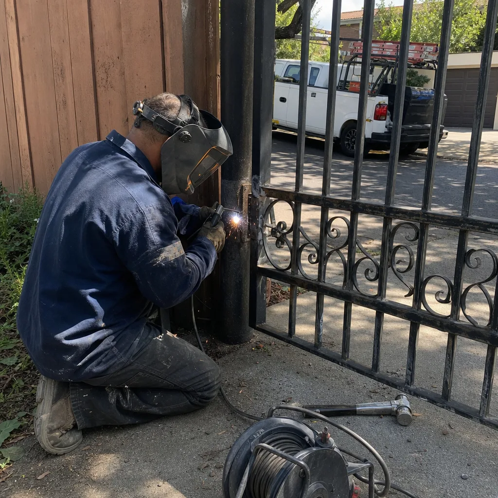 Welder repairing a wrought iron gate hinge at a residence