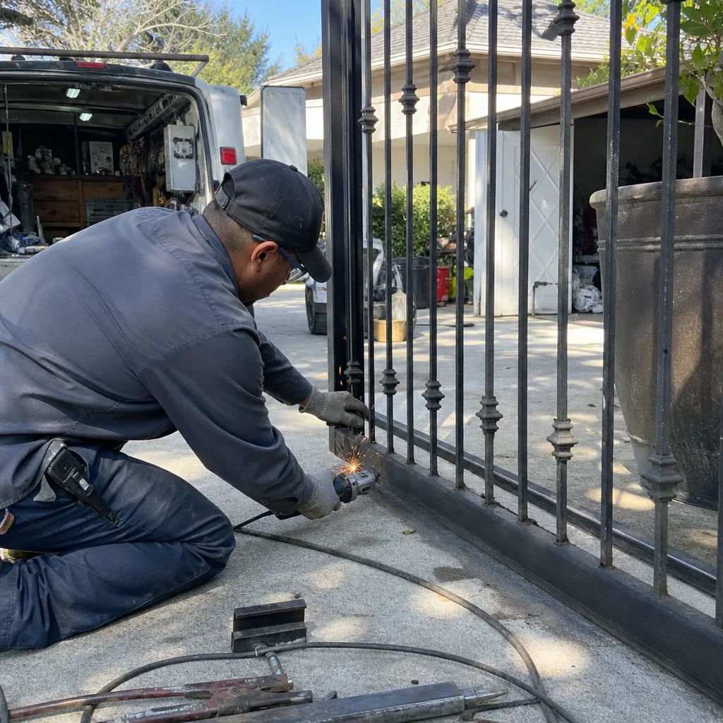 Technician using an angle grinder to repair a metal gate